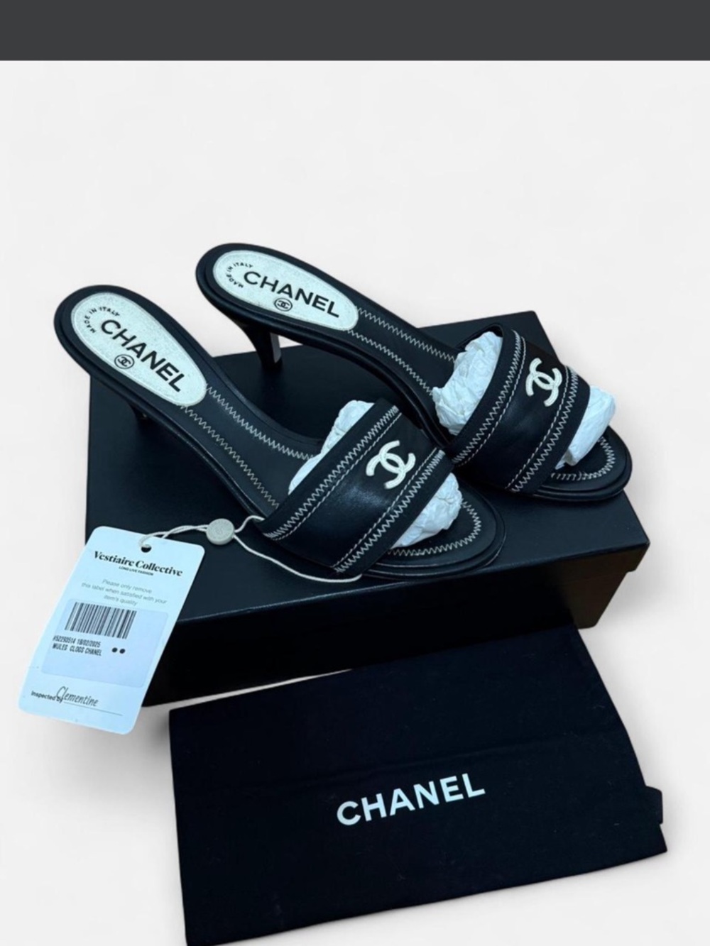 Authentic CHANEL Black Leather kitten heelss with White CC Logo